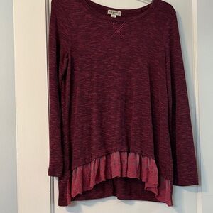 One World Maroon Long Sleeve Top with Lace Hem